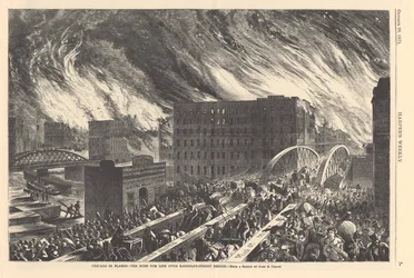 Chicago w płomieniach – pęd do życia nad mostem Randolph Street, ilustracja z Harpers Weekly, 1871