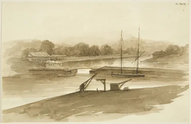 Prince Street Bridge i Ropewalk, widziane z doku Mud (ołówek i akwarela na papierze)
