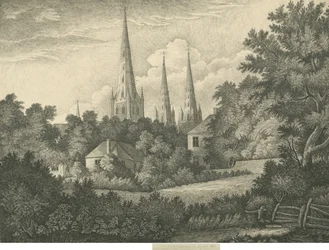 Katedra w Lichfield - widok północno-wschodni: rysunek piórem i tuszem, 1835
