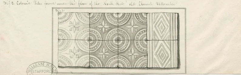 Kościół w Uttoxeter – Kolorowe kafelki znalezione pod podłogą North Aisle: rysunek piórkiem i praniem, nd [?poł. XIX w.]