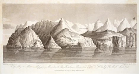 Cape Byam Martin, Pofsefsion Mount i Cape Fanshawe, odkryte 1 września 1818 przez HMS Isabella, ilustracja z „Podróży odkrywczej...”, 1819
