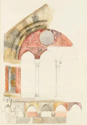 A Window of the Broletto, Como: szybki szkic w kolorze, pokazujący metodę inkrustowania marmurów, sierpień 1869? (akwarela i bodycolor na graficie na papierze tkanym)