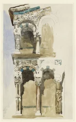 Fragment fasady zniszczonego kościoła San Michele in Foro, Lukka, naszkicowany kolorem, 30 czerwca - 1 lipca 1846 (akwarela na graficie na papierze tkanym)
