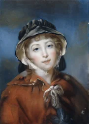 Portret dziewczyny, długość biustu, w czerwonej pelerynie przewiązanej kokardą i czarnym czepkiem,