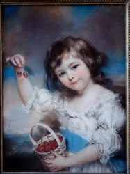 Portret małej dziewczynki w koszu z wiśniami. Obraz Johna Russella (1745-1806), XIX wiek
