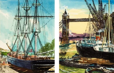 Wysoki statek w dolnym biegu Tamizy i statek towarowy napędzany parą w pobliżu Tower Bridge (gwasz na papierze)