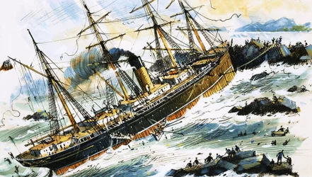 Niezidentyfikowany statek parowy rozbija się o skały