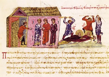 Mnisi św. Teofanes Wyznawca (ok. 759-818) i św. Teodor Studyta (759-826) biczowali na rozkaz cesarza Teofila, miniatura z „Synopsis historyrum”, ok. 1126-1150