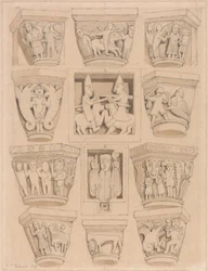 Kapitele i A amp; B Bas-Reliefy w kościele opactwa Saint Georges de Bocherville, niedaleko Rouen, Normandia