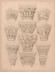 Kapitele w kościele opactwa St. Georges de Bocherville, niedaleko Rouen, Normandia