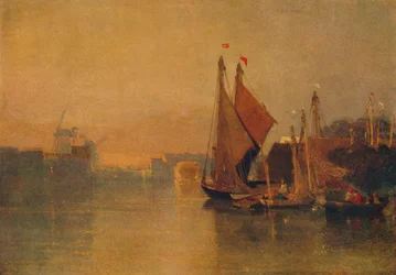 Widok z mostu Yarmouth, Norfolk, patrząc w kierunku Breydon, tuż po zachodzie słońca, ok. 1823 r.