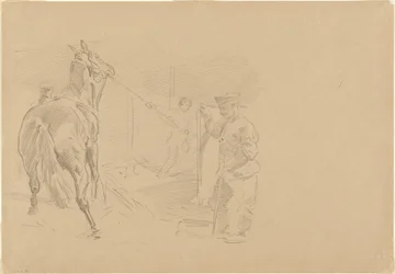 Mężczyzna ciągnący konia do straganu, 1918.