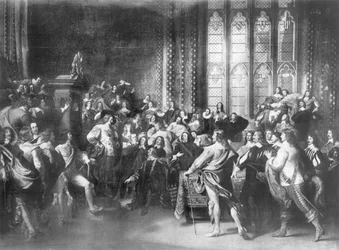 Karol I (1600-49) usiłujący aresztować pięciu posłów, opublikowana przez Waltera Rowlandsa, 1888 r.