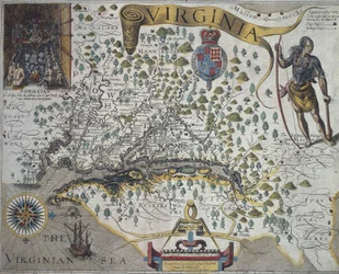 Mapa Wirginii: wstawka (na górze po lewej) przedstawiająca wnętrze chaty indyjskiego wodza Powhatana, autorstwa Johna Smitha (1580-1631)