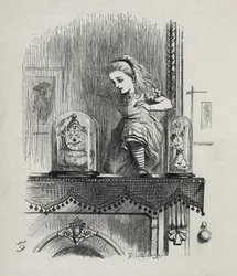 Alicja przemierzająca lustro - W „”Przygodach Alicji w Krainie Czarów i przez lustro”” Lewisa Carrolla, ilustracja Johna Tenniela (1820-1914)