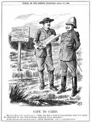 Cecil John Rhodes (1852-1902) południowoafrykański mąż stanu urodzony w Anglii, prosząc niemieckiego cesarza o pozwolenie na prowadzenie linii telegraficznej przez niemiecką Afrykę Wschodnią. Cape To Cairo, rysunek Johna Tenniela z „Punch”, Londyn, 22 marc
