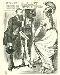 Hugh Childers (1827-1896) brytyjski parlamentarzysta, opowiadający Brytani o sukcesie nowej urny wyborczej. Karykatura Johna Tenniela z „Punch”, Londyn, 24 sierpnia 1872 r.