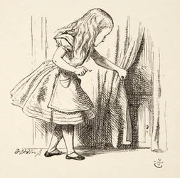 Patrząc za kurtynę, z Alicji w krainie czarów Lewisa Carrolla (1832 - 98), wyd. 1891