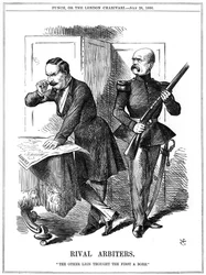 Napoleon III (1808-1873), cesarz Francji 1852-1870 i Otto von Bismarck (1808-1783), kanclerz pruski, dzielący Europę. Ich sprzeczne ambicje doprowadziły do wojny francusko-pruskiej w latach 1870-1871. Karykatura Johna Tenniela z Punch, Londyn, 28 lipca 18