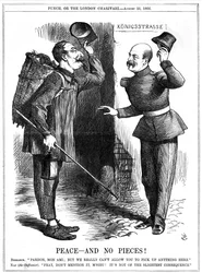 Napoleon III, cesarz Francji 1852-1870, przebrany za zbieracza szmat (chiffonnier), ostrzeżony przez kanclerza pruskiego Otto von Bismarcka. Ambicje terytorialne Napoleona doprowadziły do wojny francusko-pruskiej w latach 1870-71. Karykatura Johna Tenniela