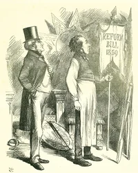 Ekonomia polityczna: reforma parlamentu - rozszerzenie franczyzy. Disraeli (kanclerz) i Derby (premier) odkurzają ustawę reformatorską. W 1867 Disraeli wprowadził nową ustawę. Kreskówka Johna Tenniela z Punch w Londynie