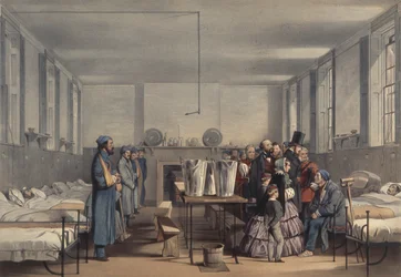 Królowa Wiktoria i książę Albert odwiedzający żołnierzy rannych w wojnie krymskiej w szpitalu Brompton w Chatham, 1855