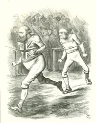 Finisz: wybory powszechne 1886. Gladstone (liberał) udał się do kraju z powodu ustawy o rządzie własnym Irlandii. Salisbury (konserwatywna opozycja) pokonuje Gladstone do mety. Kreskówka Johna Tenniela z Punch w Londynie