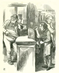 The Honest Pot Boy: Reform of Parliament - rozszerzenie serii. Disraeli zaserwował Reformę Johnowi Bullowi obserwowanemu przez jego parlamentarną opozycję. Przedstawił i niósł swoją ustawę reformatorską. Kreskówka Tenniel z Punch, Londyn