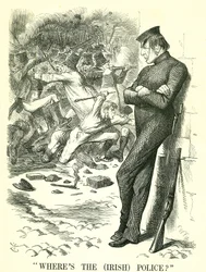 Gdzie jest (irlandzka) policja?: William Gladstone, premier Wielkiej Brytanii, obserwuje zamieszki w Irlandii i czeka na interwencję. W kwietniu parlament uchwalił nową ustawę o ochronie pokoju w Irlandii. Kreskówka Johna Tenniela z Punch w Londynie