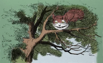 fragment: Alicja i kot, ilustracja sir Johna Tenniela do pierwszego wydania bajki Alicja w Krainie Czarów angielskiego pisarza Lewisa Carrolla (Charles Lutwidge Dodgson) (1832-1898).