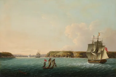 Wybrzeże i wejście do Brestu, z HMS Boadicea wysyłającym sygnał do powtarzającej się fregaty o liczbie francuskich i hiszpańskich statków zakotwiczonych w porcie.
