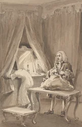 Hogarth po tym, jak jego żona włożyła nową koszulę nocną, zawiązuje swoje rzeczy, aby wysłać je do Sir Jamesa Thornhilla z listem, w którym powiedział mu: „Zabrał swoją córkę bez fartucha do jej A-e