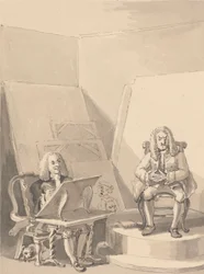 Hogarth wymyślający portret H. Fieldinga dla księgarza na podstawie cech Garricka, który pożyczył jedną z peruk autora w określonym celu, ponieważ nie ma jego prawdziwego portretu