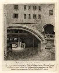 Widok od strony północnej lub wewnętrznej na Bramę Zdrajcy, główne wejście do Tower of London od strony Tamizy