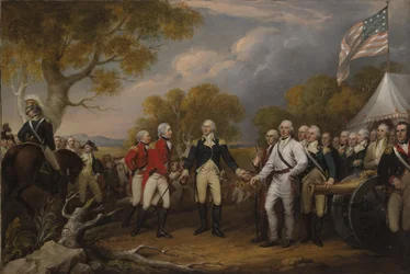 Bitwa pod Saratogą: brytyjski generał John Burgoyne poddaje się amerykańskiemu generałowi Horatio Gatesowi, 17 października 1777, ok. 1822-32
