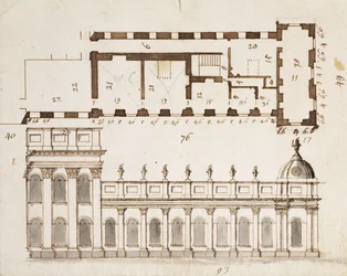 Castle Howard, Yorkshire: Wczesny projekt trzech zatok elewacji południowej lub Garden Front i dziewięciu jednopiętrowych dolnych skrzydeł bocznych Bay z wstawką planu terenu, c.1699 (długopis