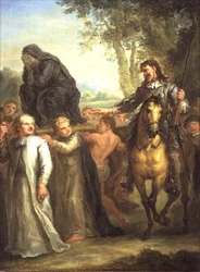 Don Kichot myli figurę Matki Boskiej niesionej w procesji, jako kobietę zabraną wbrew jej woli, z „Don Kichota” Cervantesa (panel)