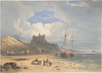Zamek Bamborough od północnego wschodu, z wyspą Holy Island w oddali, Northumberland