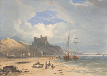Zamek Bamburgh od północnego wschodu, ze Świętą Wyspą w oddali, Northumberland, 1827.