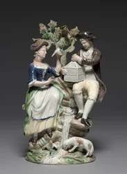 Grupa z klatką dla ptaków, wykonana przez Staffordshire Factory, ok. 1770