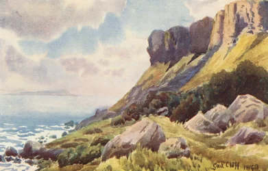 Klif Gad z wyspą Portland w oddali (kolorowa litografia)