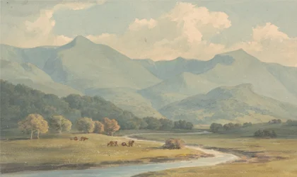 Carnedd Llewelyn i Carnedd David, Carnarvonshire, widziani po drugiej stronie rzeki Ogwen