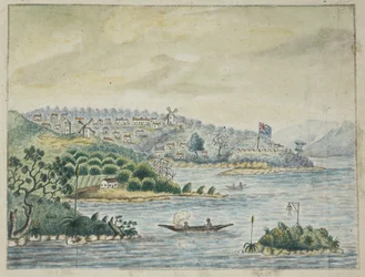 Dodać. 13880, f.79 Widok kolonii brytyjskiej. Na pierwszym planie tubylcy w canoe, z Dziennika przechowywanego na pokładzie transportu Minerva, z Irlandii do Nowej Południowej Walii i Bengalu, John Washington Price