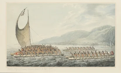 35: Tereoboo, król Owyhee, przynoszący kapitanowi Cookowi prezenty z serii akwareli ilustrujących ostatnią podróż kapitana Cooka, ok. 1773-84 (akwarela na papierze)