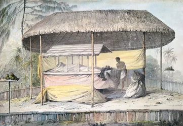 Pogrzeb ze zmarłym pod baldachimem, Tahiti, Society Islands, akwarela Johna Webbera (1750-1793) z opisu ostatniej podróży kapitana Jamesa Cooka (1776-1779), Polinezja