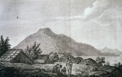 Wewnątrz hippa na wyspie Motuara, według rysunku Johna Webbera (1750-1793), z relacji z ostatniej podróży Jamesa Cooka (1776-1779). rytownictwo