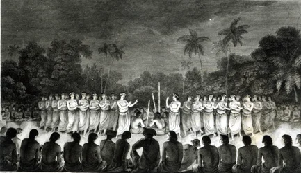 Rdzenni mieszkańcy przyjaznych wysp tańczą w Hapee, z „Trzeciego Atlasu Podróży Kapitana Jamesa Cooka (1728-79) 1777