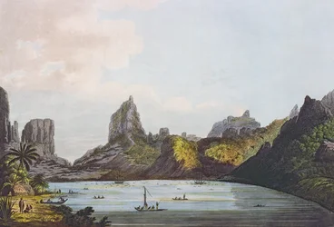Widok na port Taloo na wyspie Eimeo, z „Widoków na morzach południowych”, wyd. 1789 (akwaforta)
