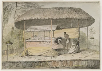 Waheiadooa, wódz Oheitepeha, leżący w stanie, zarejestrowany przez kapitana Cooka podczas jego wizyty na Tahiti 19 sierpnia 1777 r. Na scenie pogrzebowej znajdują się okryte całunem zwłoki i osoba towarzysząca. Są osłonięte markizą porośniętą trawą i otocz