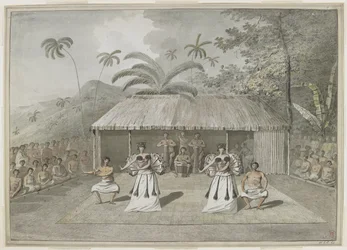 [Cały rysunek] Taniec lub heiva w Otaheite [Tahiti]. Dwóch mężczyzn i dwie kobiety tańczą, z perkusistami z tyłu i widzami po obu stronach. Wrzesień 1777